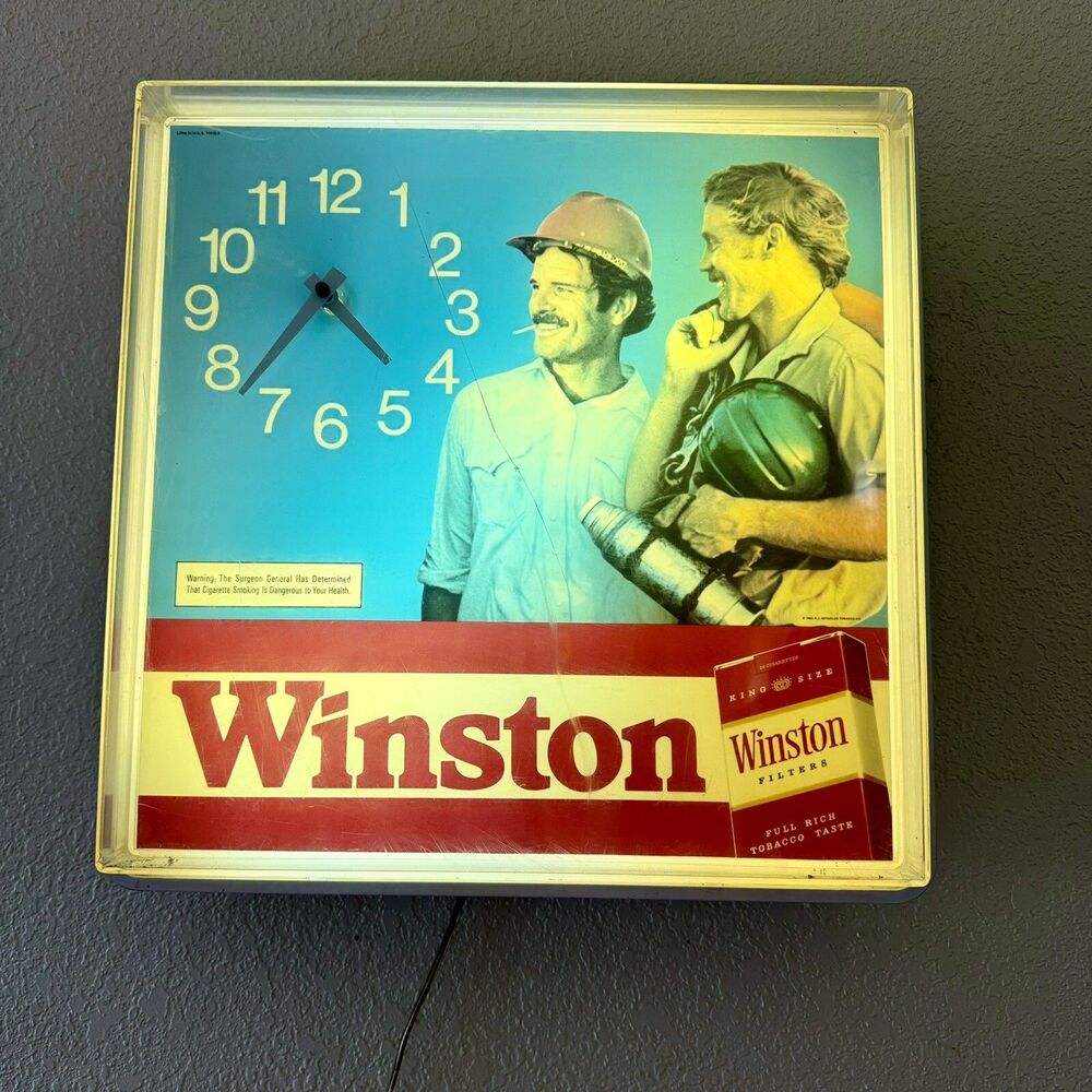 RJ Reynolds Tobacco Co Winston Cigarettes Clock Light Advertisement 16" sq 1982